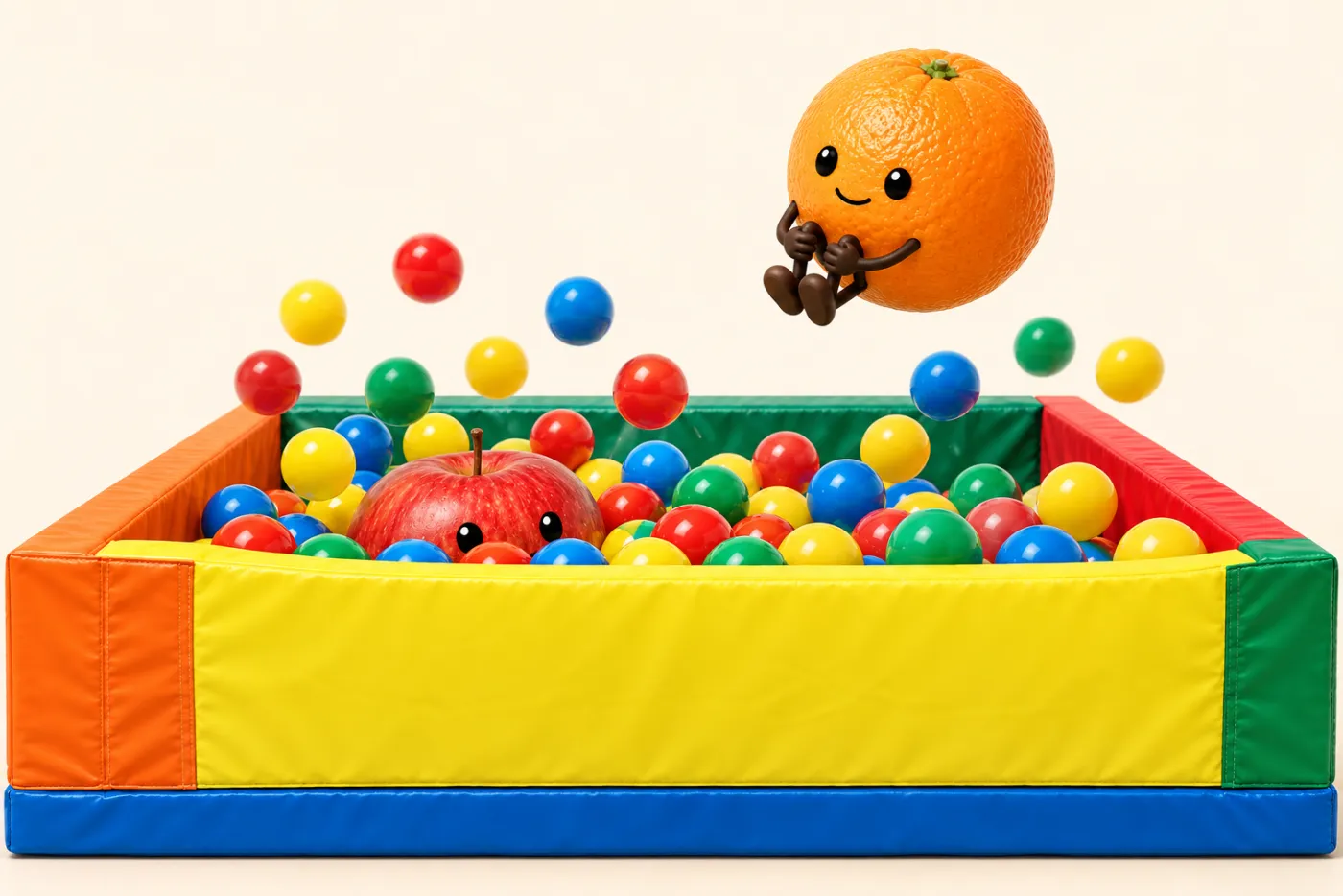 Orange cannonballing into a ball pit while Apple peeks out of the balls