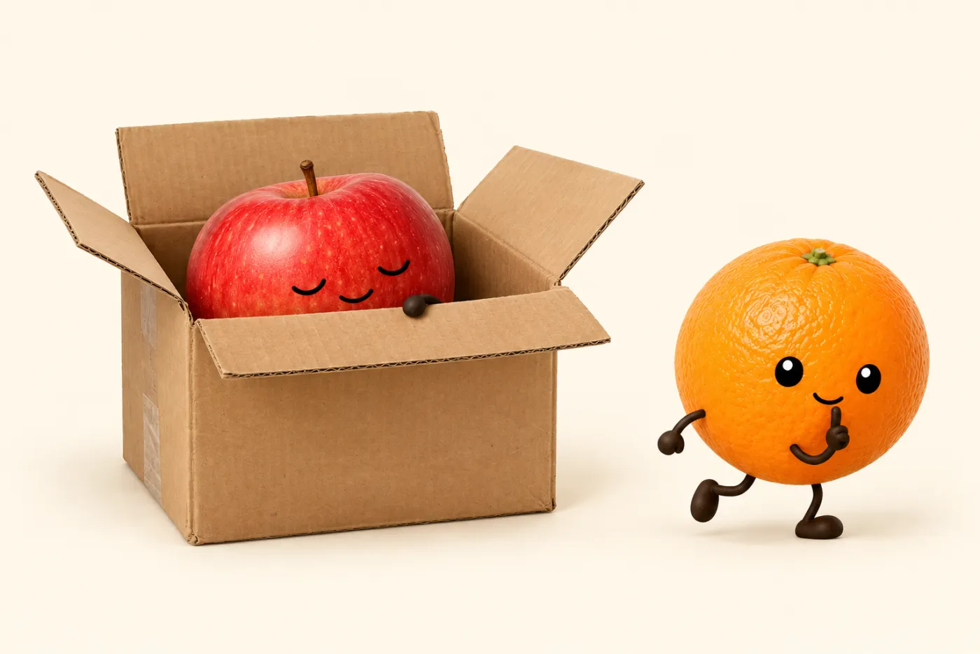 Apple asleep in a cardboard box while Orange tiptoes past saying shh