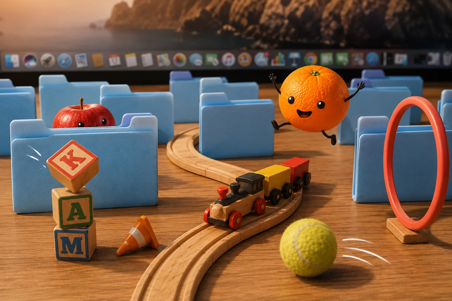 Kamoš characters playing between desktop folders
