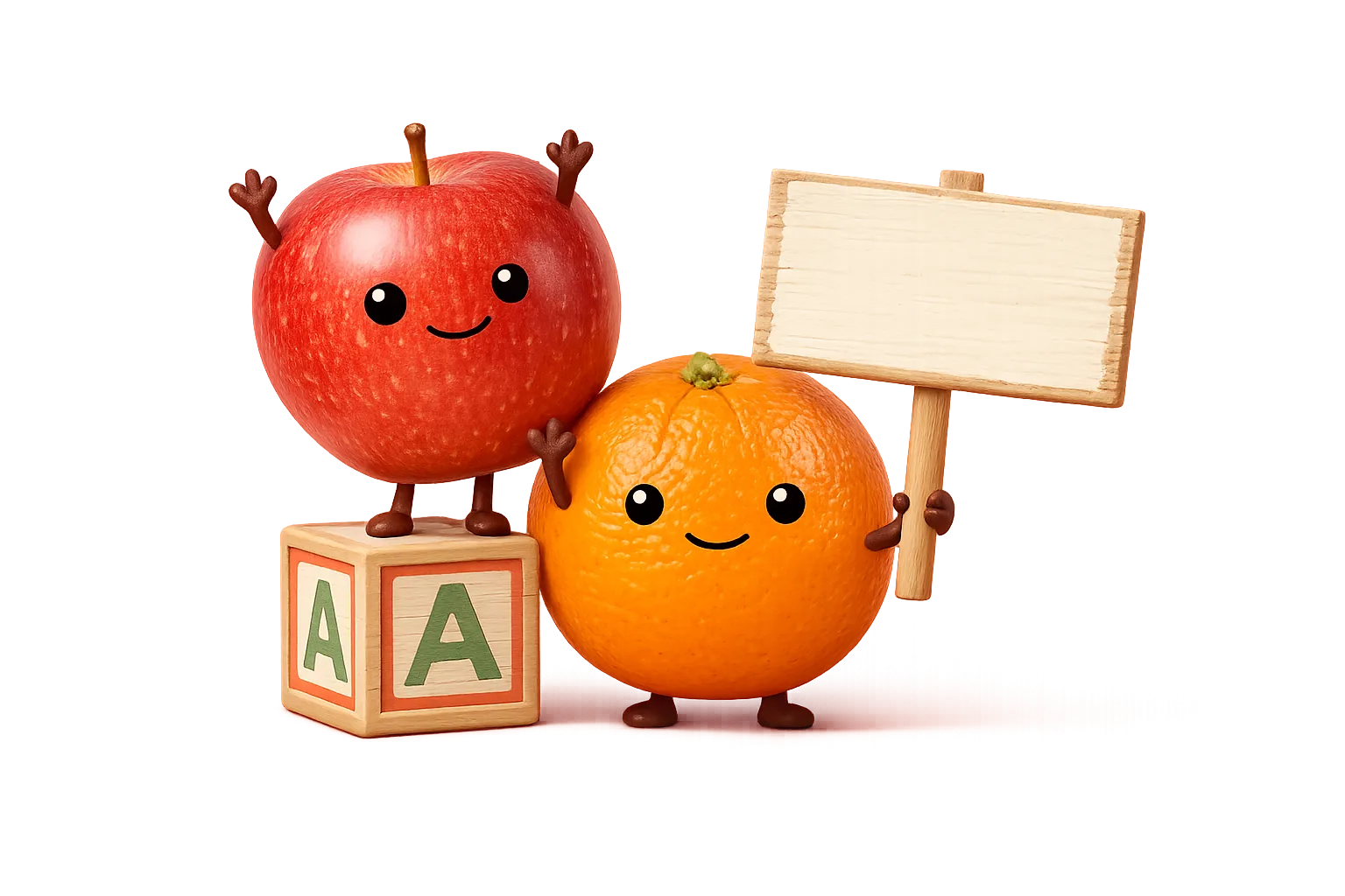 Apple and Orange waving, holding a small blank wooden sign