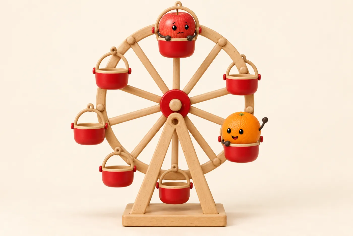 Apple nervous in the top cabin of a wooden Ferris wheel while Orange waves from below