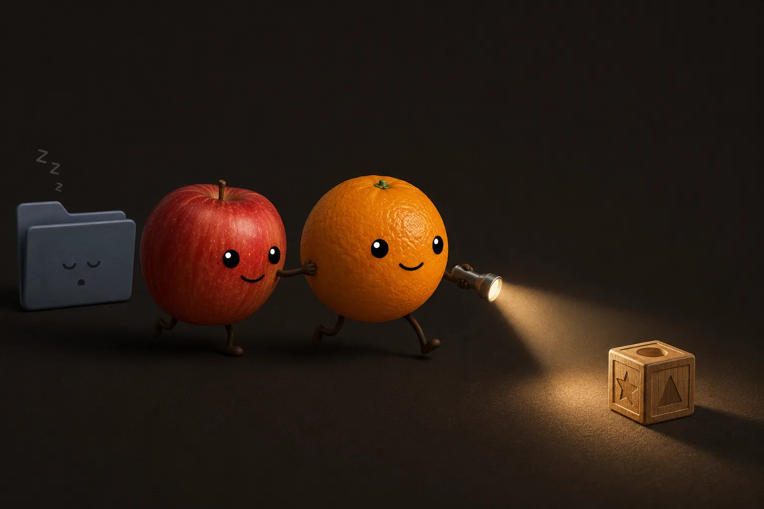 Apple and Orange sneaking across a dark desktop with a flashlight