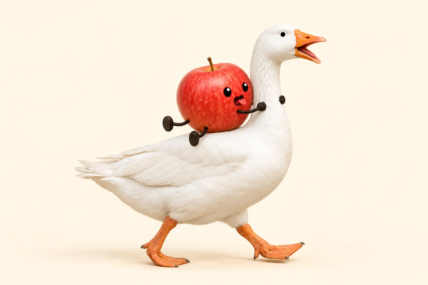 Apple riding on the back of a white goose