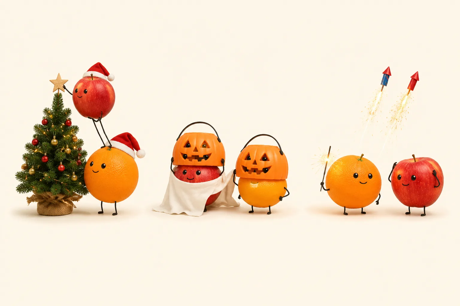 Apple and Orange celebrating Christmas, Halloween and New Year