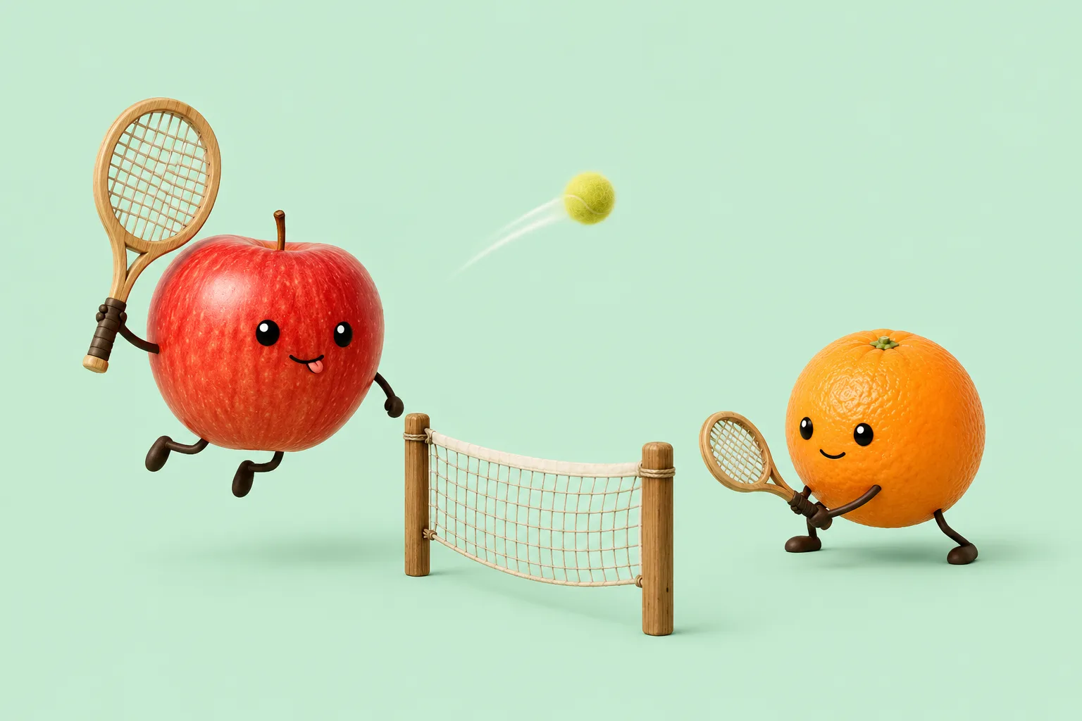 Apple serving a tennis ball over a tiny net to Orange