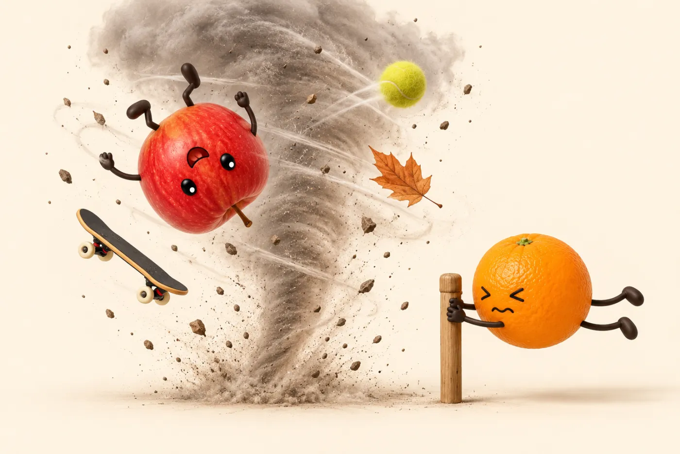 A small tornado spinning Apple upside down while Orange holds on to a post