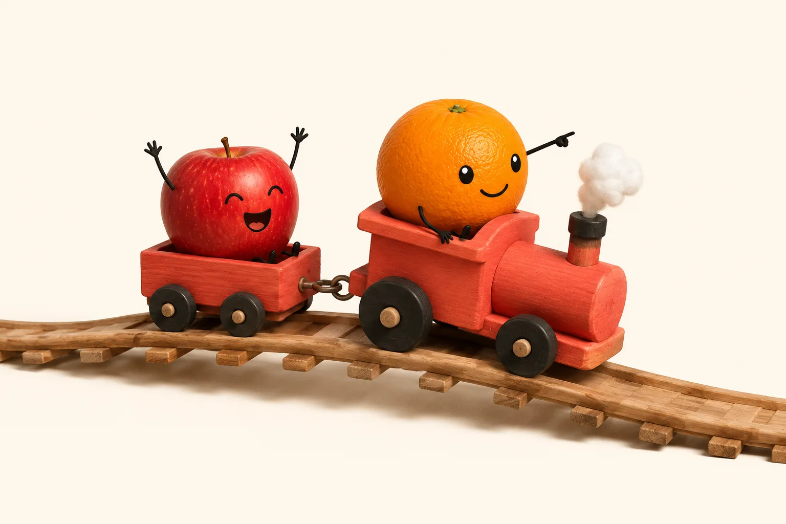 Apple and Orange riding a wooden toy train across the desktop