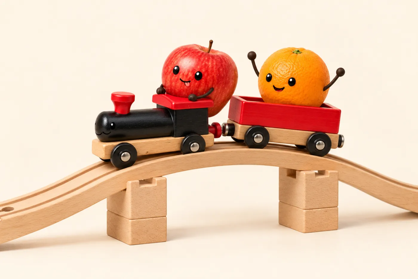 Apple and Orange riding a wooden toy train over a bridge on wooden pillars