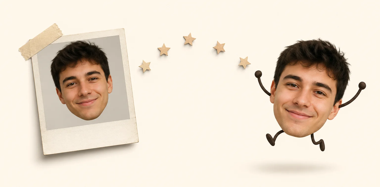 A photo of a young man transforming into a floating-head desktop character